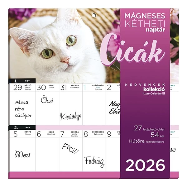 Falinaptár mágneses LIZZY CARD 220x220mm 2 hetes Cicák 2026.