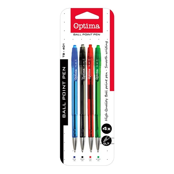 Golyóstoll készlet OPTIMA nyomógombos TB 401 0,7 mm vegyes színek 4 darabos