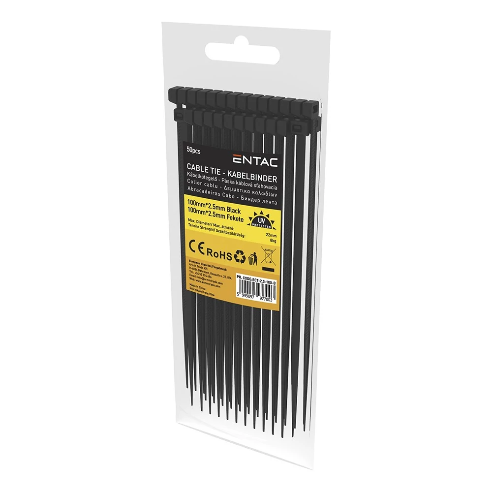 Kábelkötegelő-gyorskötöző ENTAC 100mm x 2,5mm fekete 50 darabos