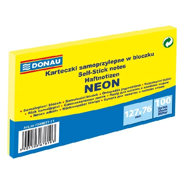 Öntapadós jegyzettömb DONAU 76x127 mm 100 lap neon sárga