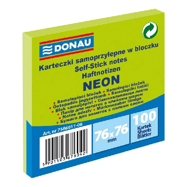Öntapadós jegyzettömb DONAU 76x76 mm 100 lap neon zöld