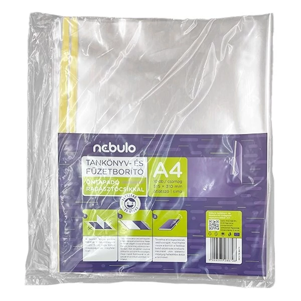 Tankönyvborító NEBULO A/4 öntapadós csíkkal víztiszta 65mic 51,5x31 cm 10 darabos