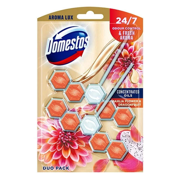 Toalett öblítő DOMESTOS Aroma Lux Dahlia Flower & Dragon Fruit 2x50 g